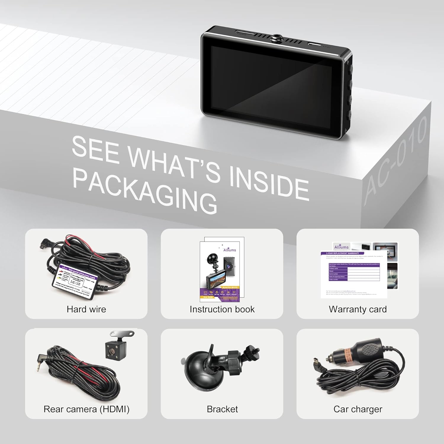 ALLIUMS Dual Dash Camera with 1080P, 170° Wide Angle, AC-10