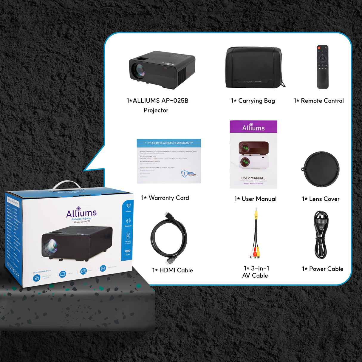ALLIUMS Mini Portable Projector with 1080p Full HD Resolution, AP-25B