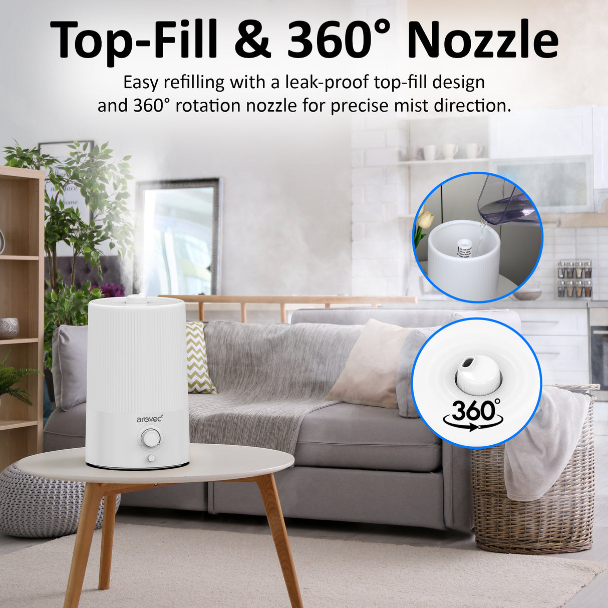 AROVEC Humidifier 4L Top-Fill Ultrasonic Air Humidifier, AroMist-250N