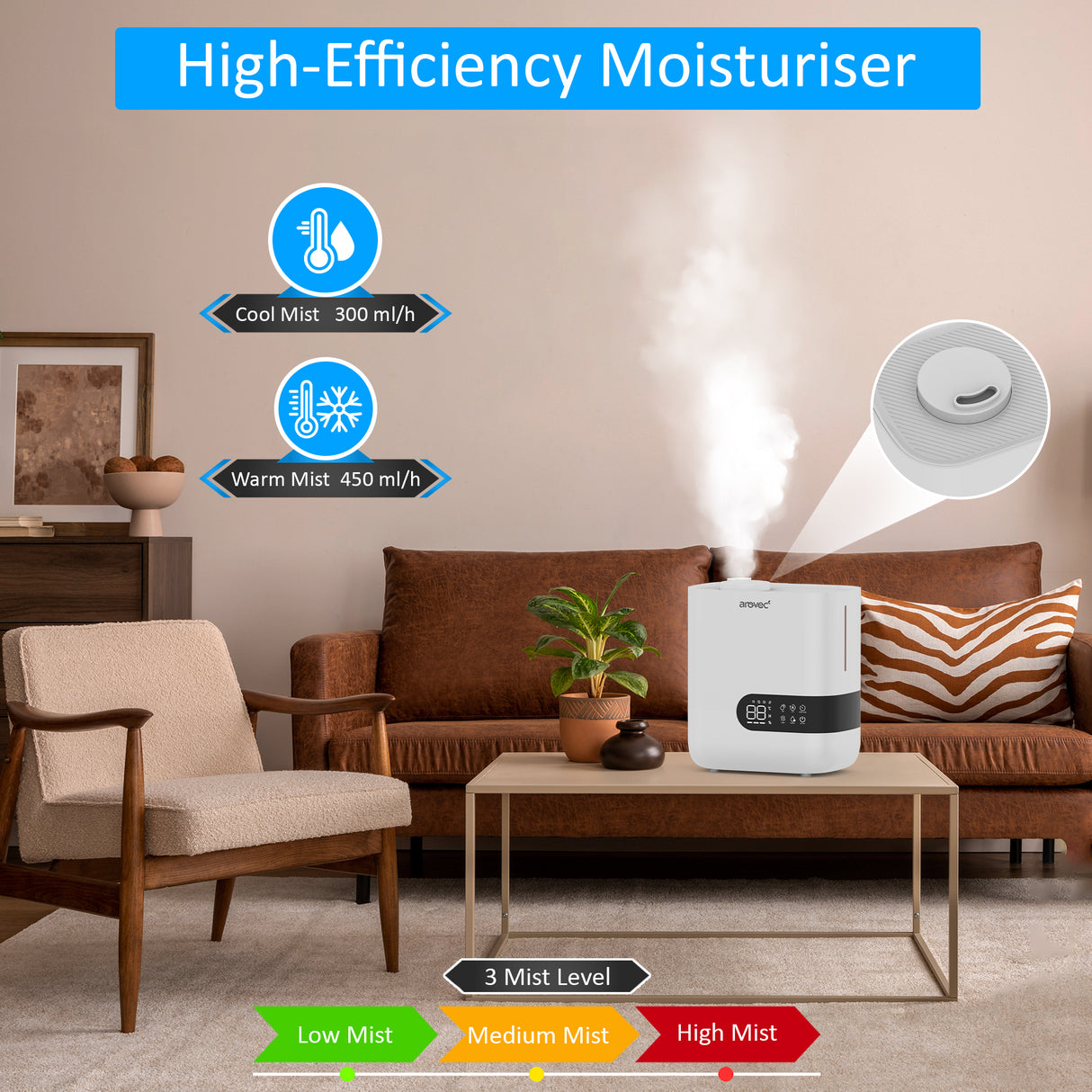 AROVEC Humidifier & Aroma Diffuser, Top Fill 4.5L, AroMist-450