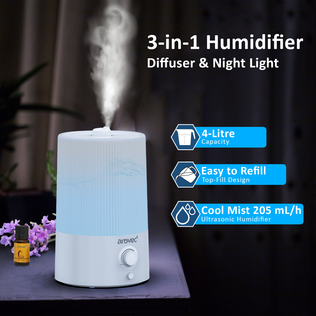 AROVEC Humidifier 4L Top-Fill Ultrasonic Air Humidifier, AroMist-250N