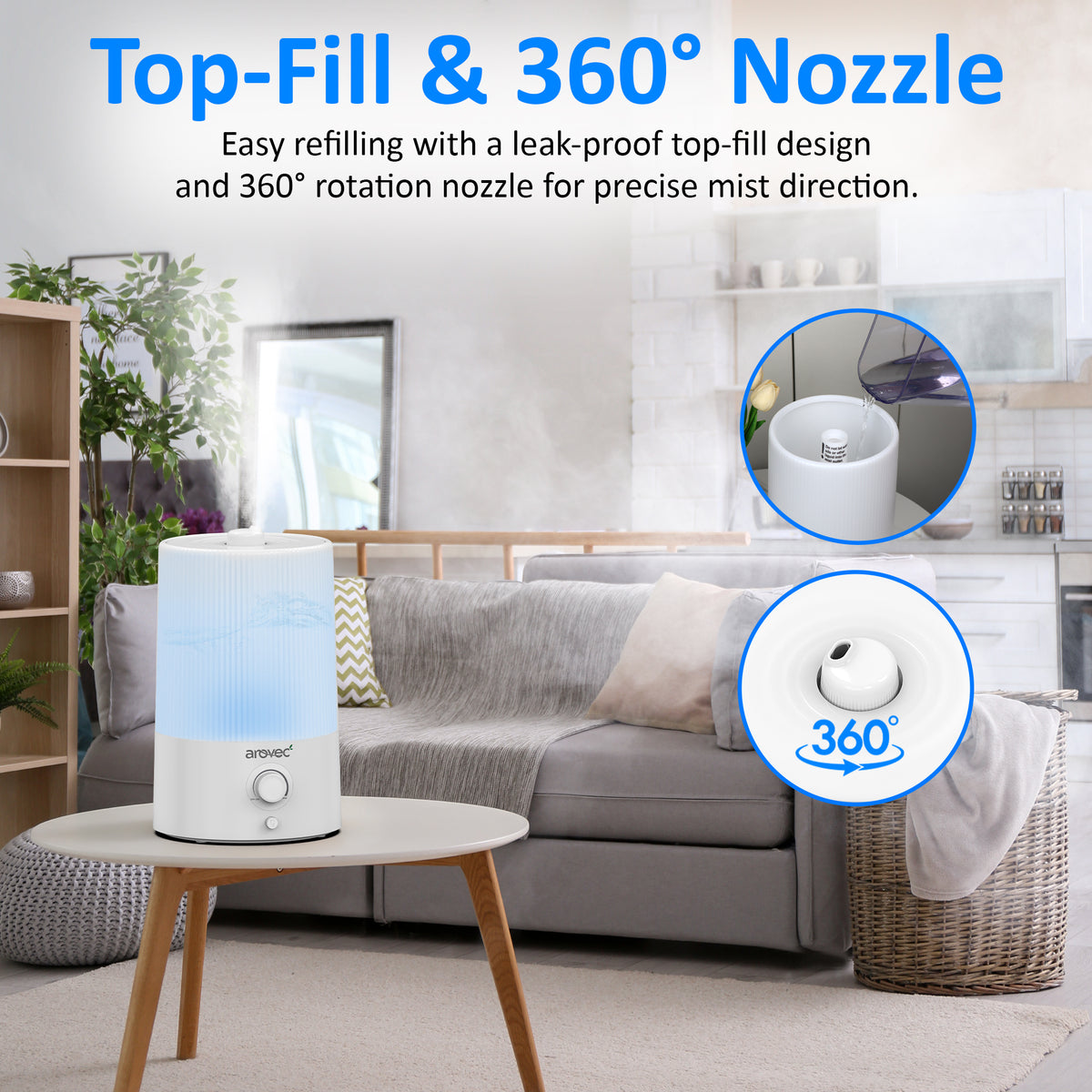 AROVEC Humidifier 4L Top-Fill Ultrasonic Air Humidifier, AroMist-250N