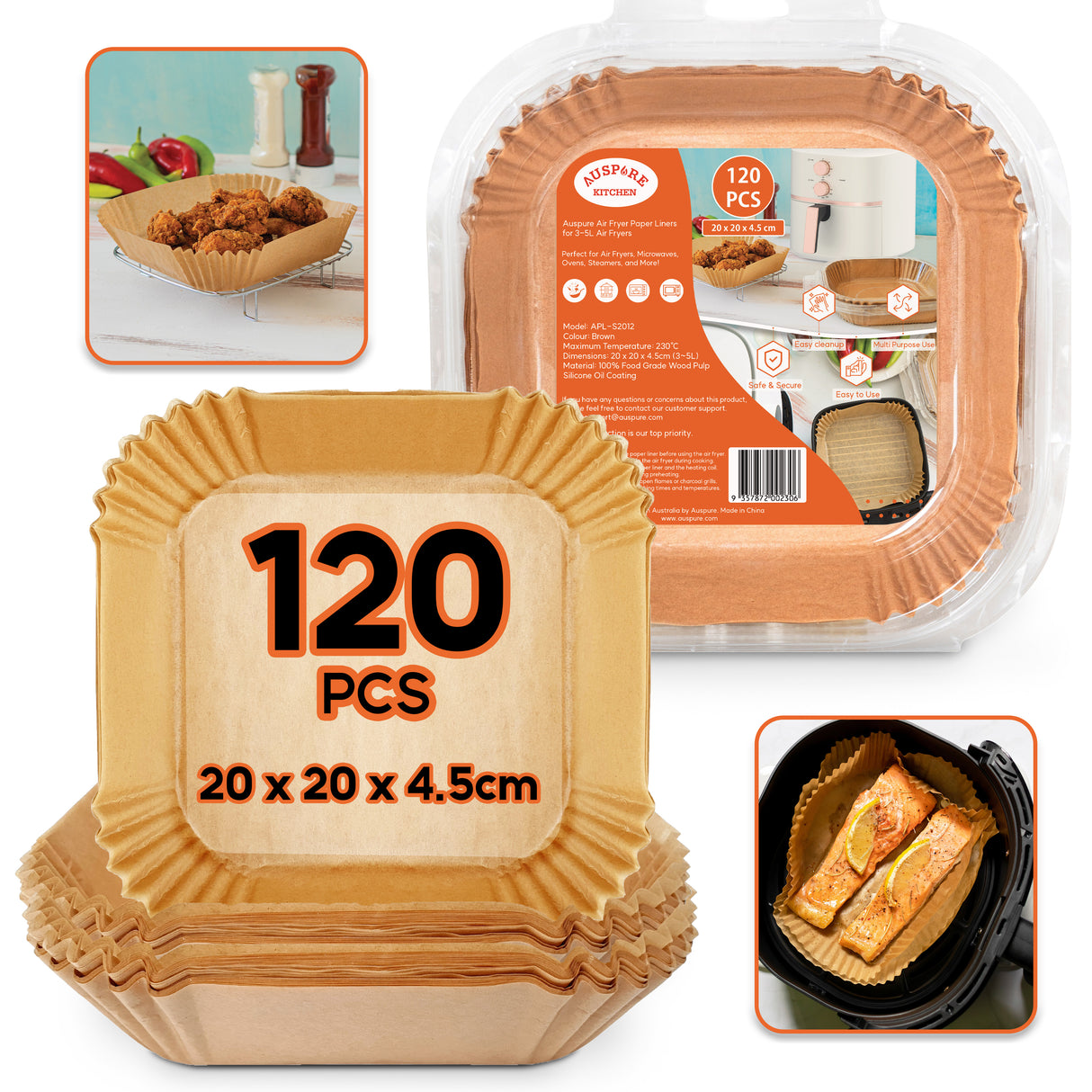 AUSPURE Air Fryer Liners – 120PCS Square (20x20x4.5cm), Non-Stick Parchment Paper, Oil-Resistant & Waterproof