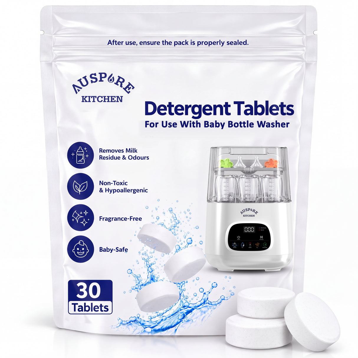 AUSPURE Baby Bottle Washer Detergent Tablets - Powerful, Gentle & Residue-Free Cleaning, 120 Tablets